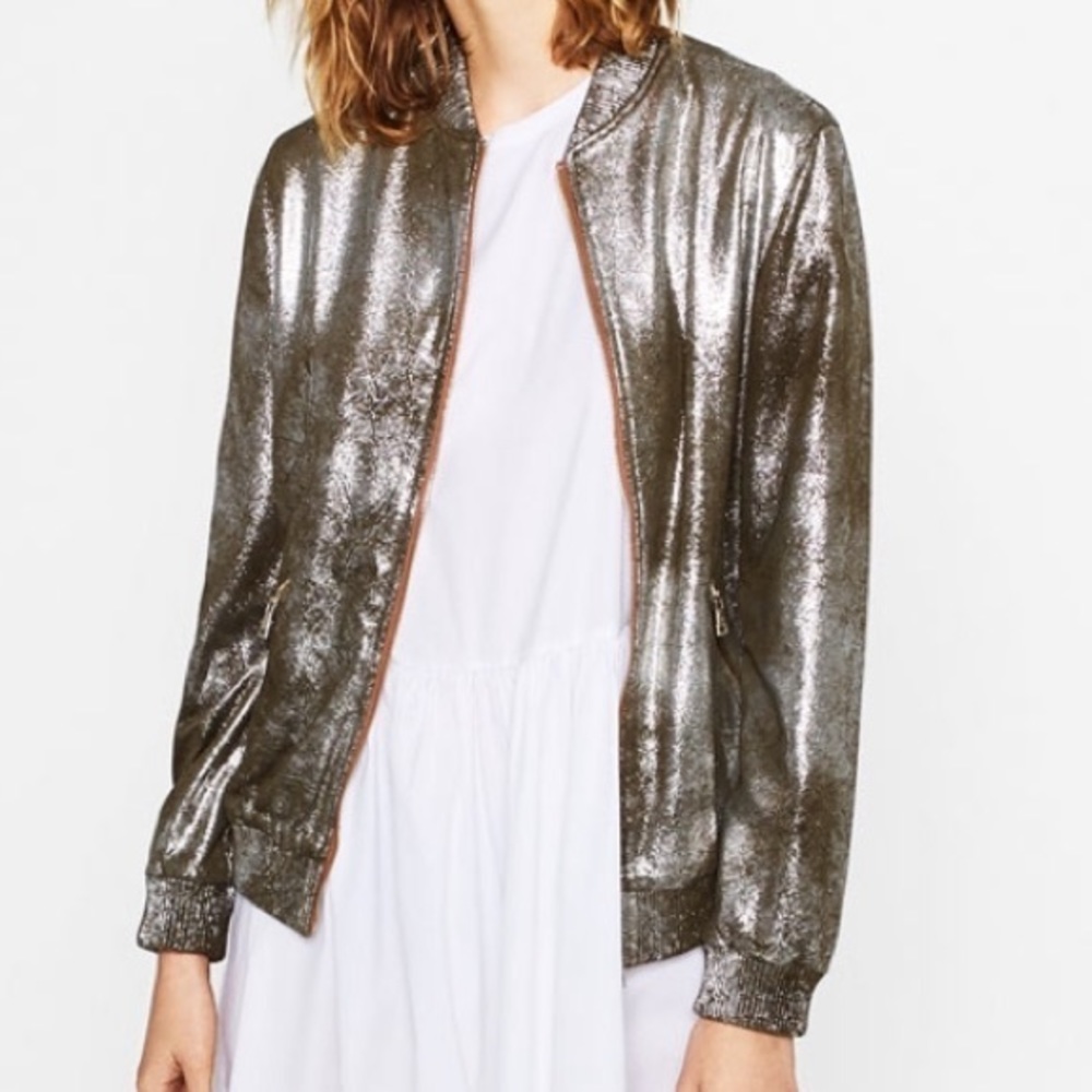 Zara Metallic Silver Bomber Jacket